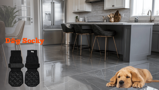 Labrador puppy op gladde tegelvloer in de keuken met Dog Socky antislip hondensokken, antislip vloer voor honden