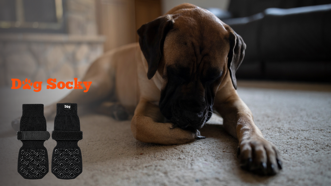 Boxer liggend op tapijt thuis, mogen Dog Socky hondensokken mee naar buiten
