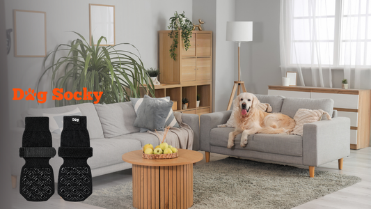 Golden Retriever op bank in woonkamer, waarom 2 sets Dog Socky sokken slimmer