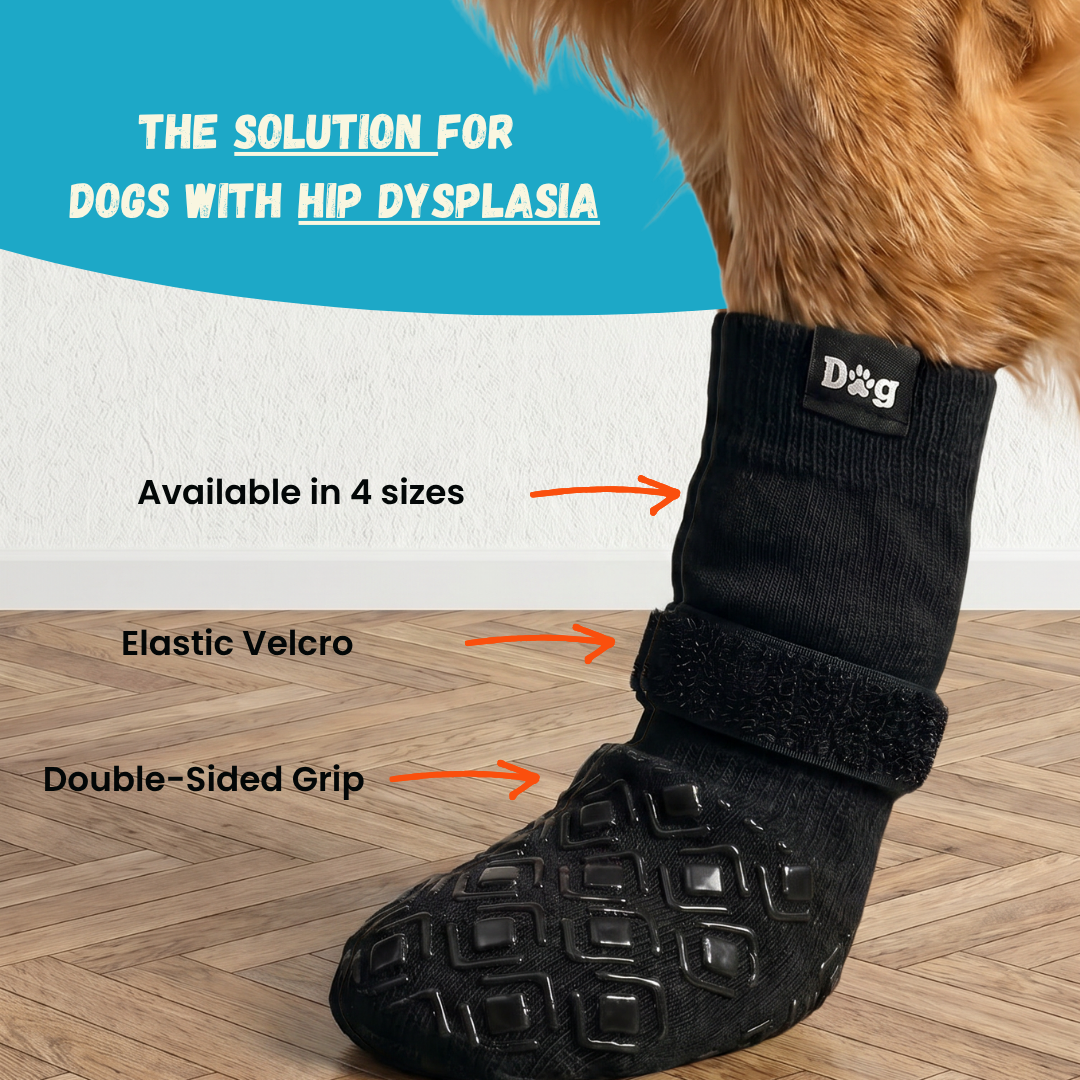 Anti-slip dog socks for hip dysplasia — double-sided grip with elastic velcro strap, available in 4 sizes