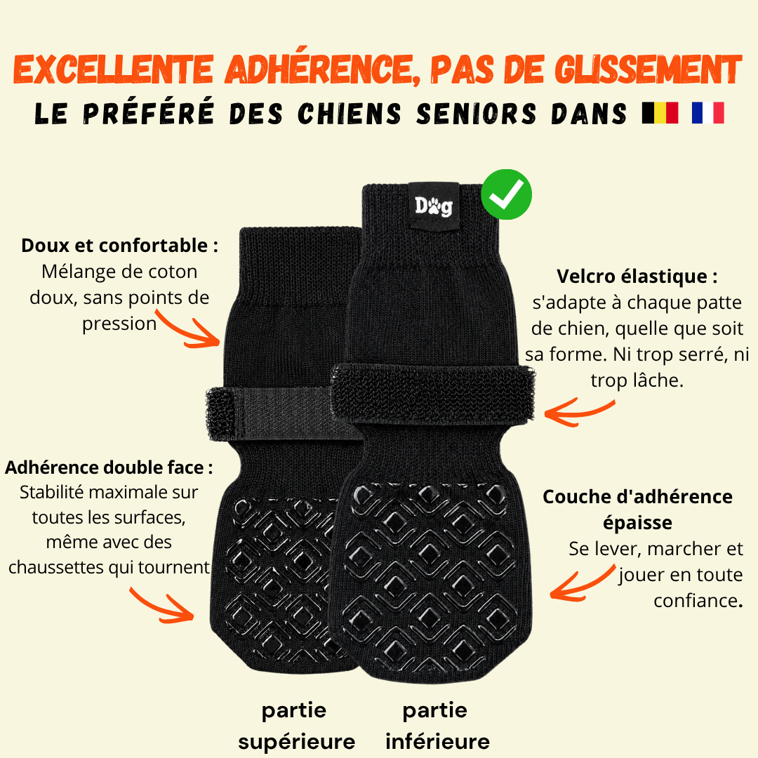 Chaussettes antidérapantes pour chien avec adhérence silicone double face et velcro élastique — vue dessus et dessous