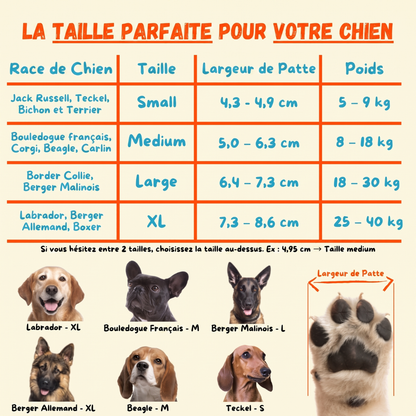 Tableau des tailles Dog Socky — la bonne taille selon la largeur de patte et la race du chien