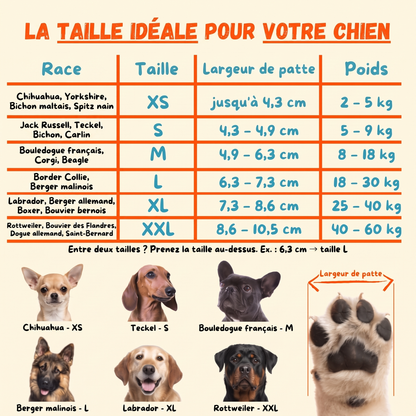 Tableau des tailles Dog Socky : tailles XS à XXL selon la largeur de patte, le poids et la race du chien