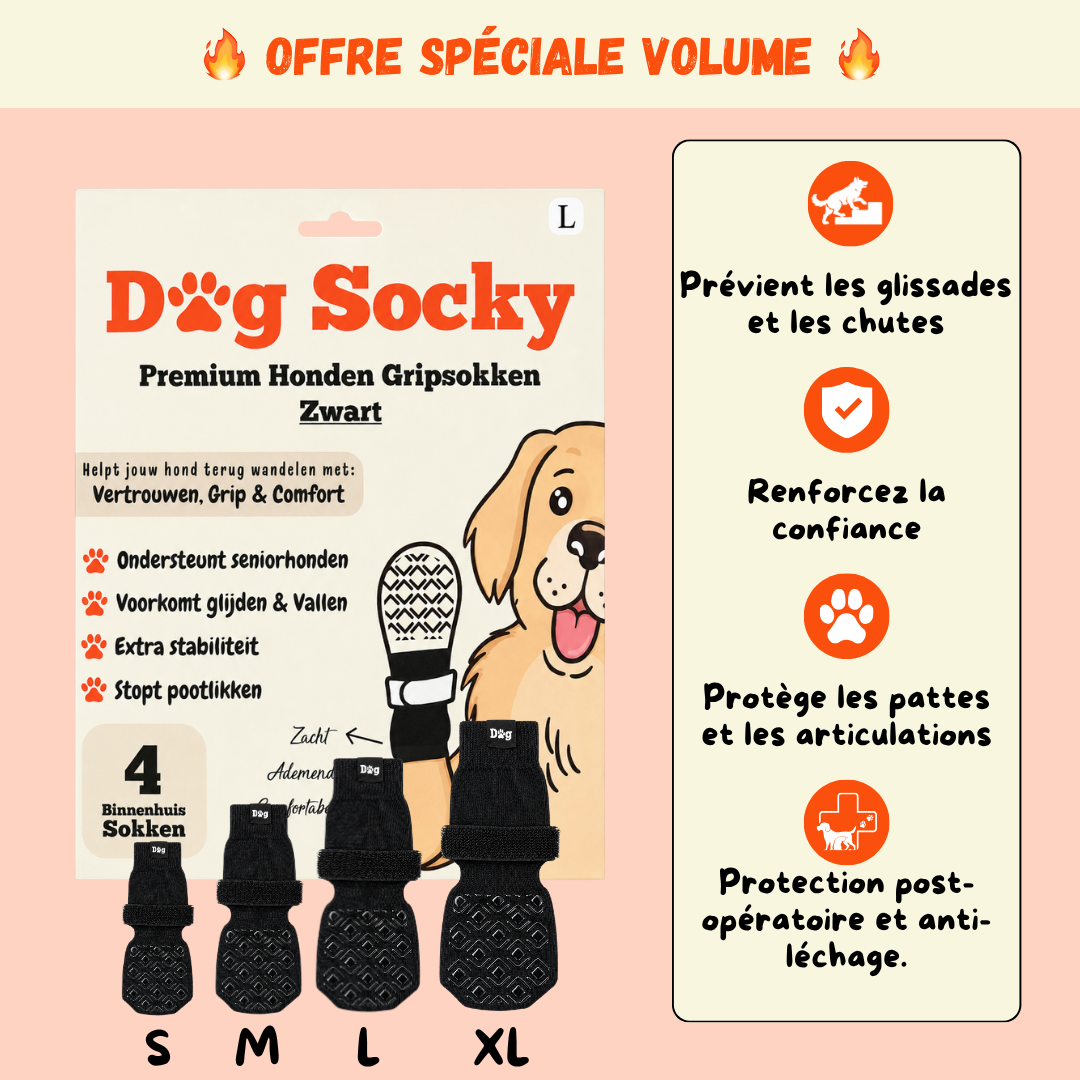 Chaussettes pour chien Dog Socky tailles S, M, L et XL — chaussettes antidérapantes vendues par lot de 4
