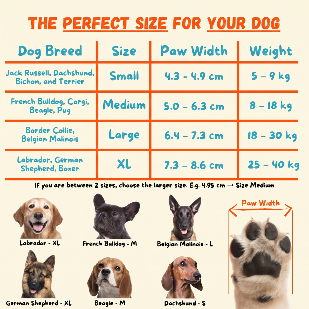 Dog Socky size chart — the right size based on paw width and dog breed