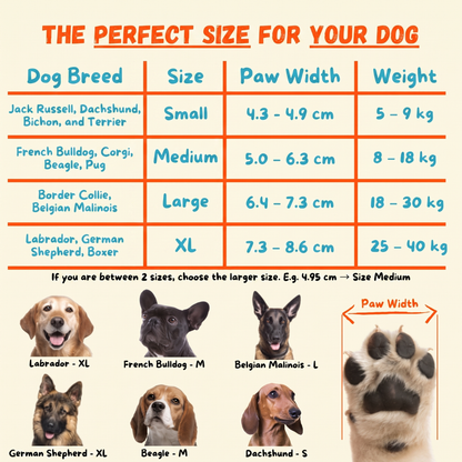 Dog Socky size chart — the right size based on paw width and dog breed