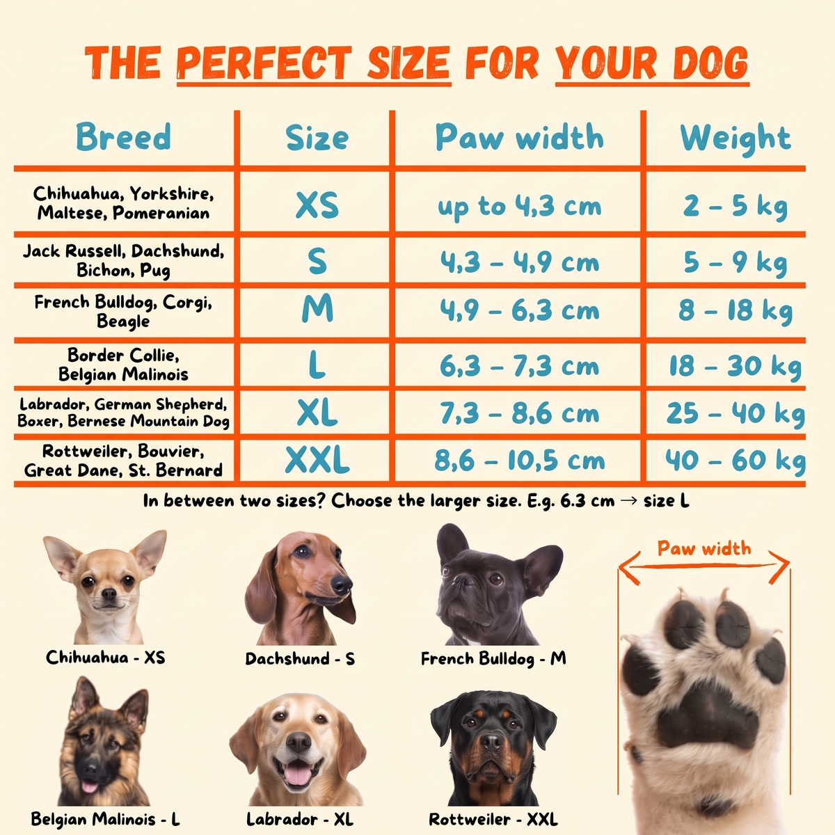 Dog Socky size chart: sizes XS to XXL based on paw width, weight and dog breed