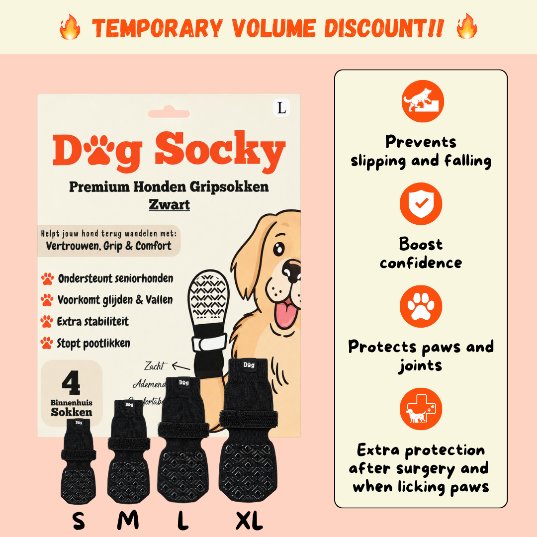 Dog Socky dog socks sizes S, M, L and XL — non-slip traction socks in a 4-pack
