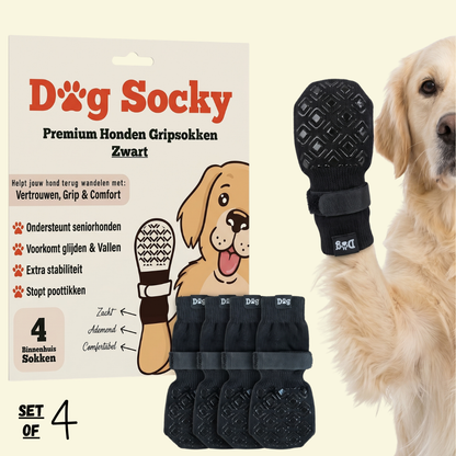Dog Socky anti-slip dog socks black — 4-pack packaging with golden retriever