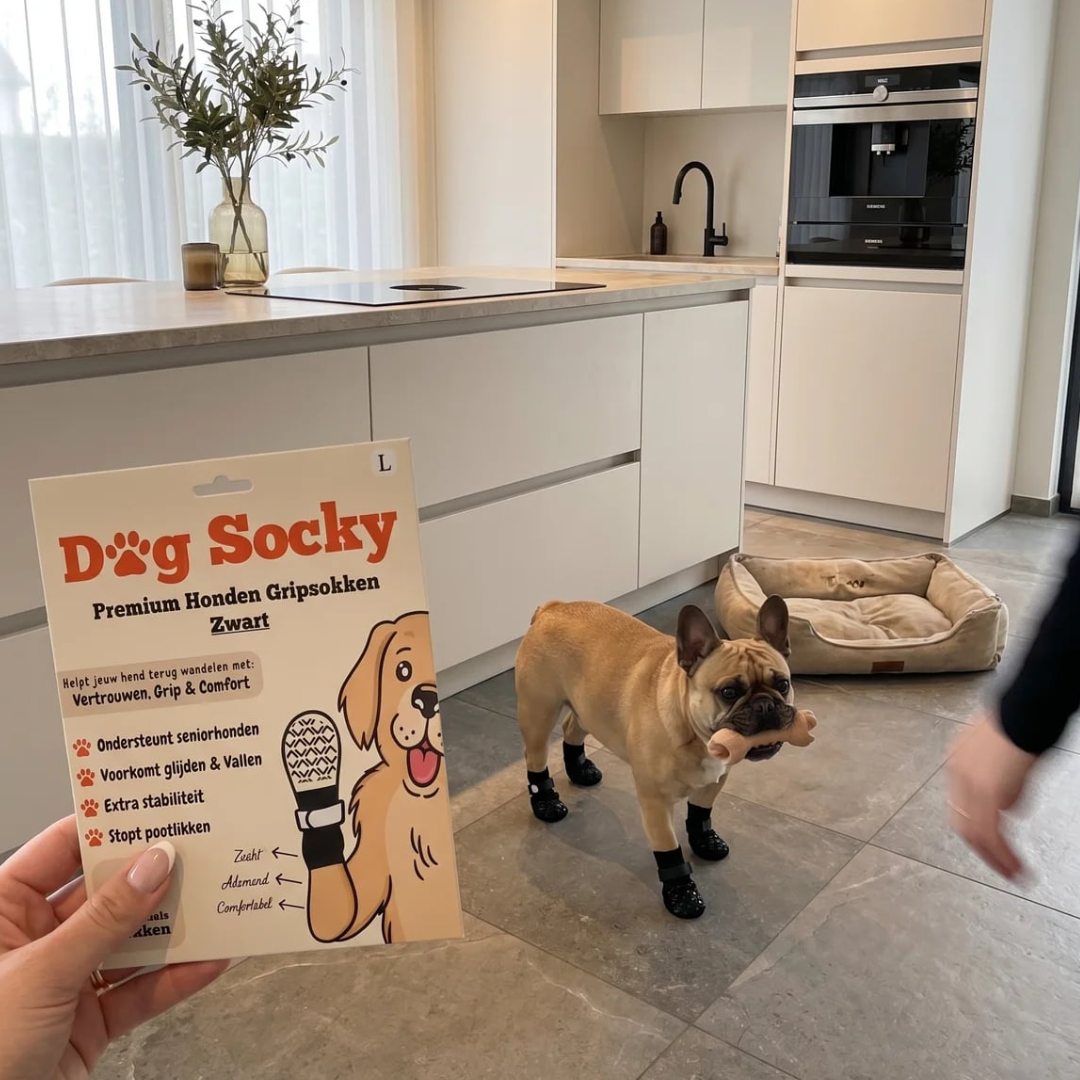 Franse Bulldog met Dog Socky antislip gripsokken in moderne keuken — lifestyle foto hondensokken