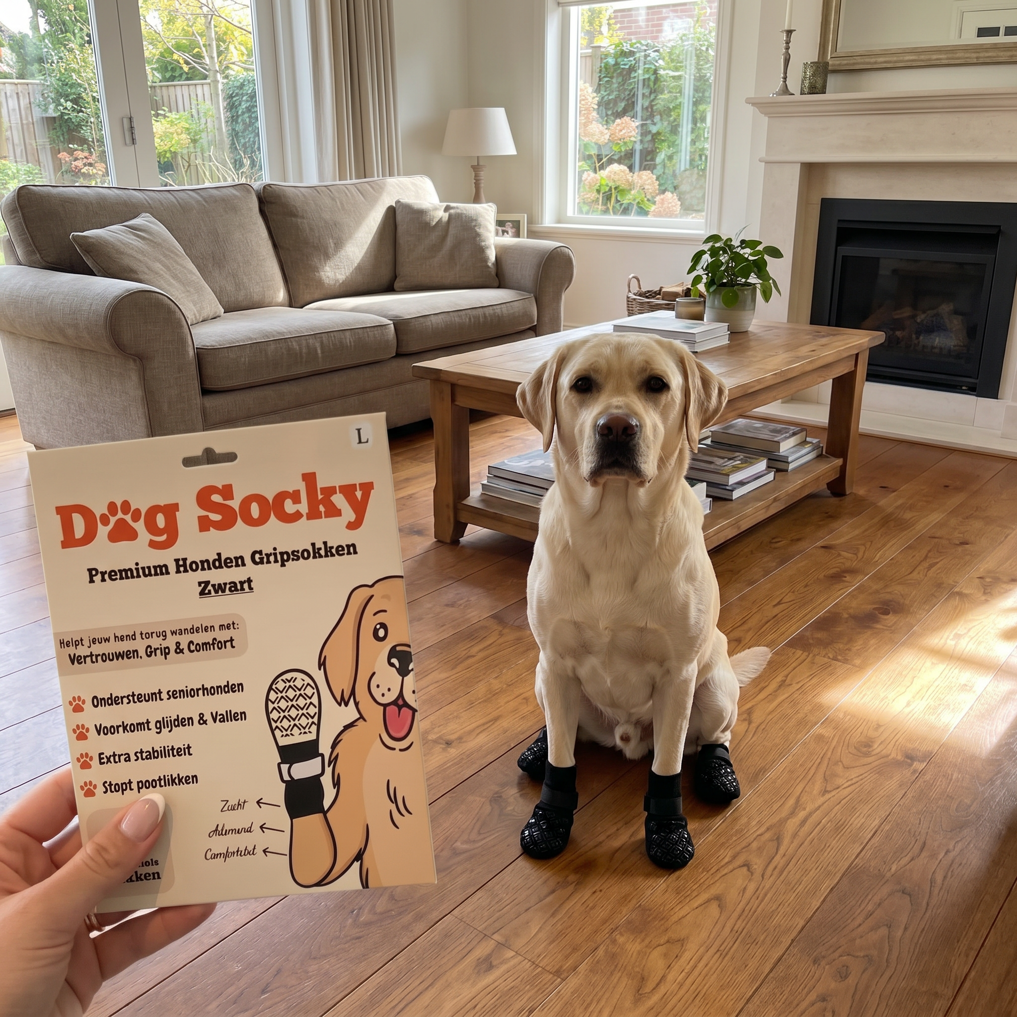 Labrador in woonkamer met haard en Dog Socky antislip gripsokken — lifestyle foto hondensokken
