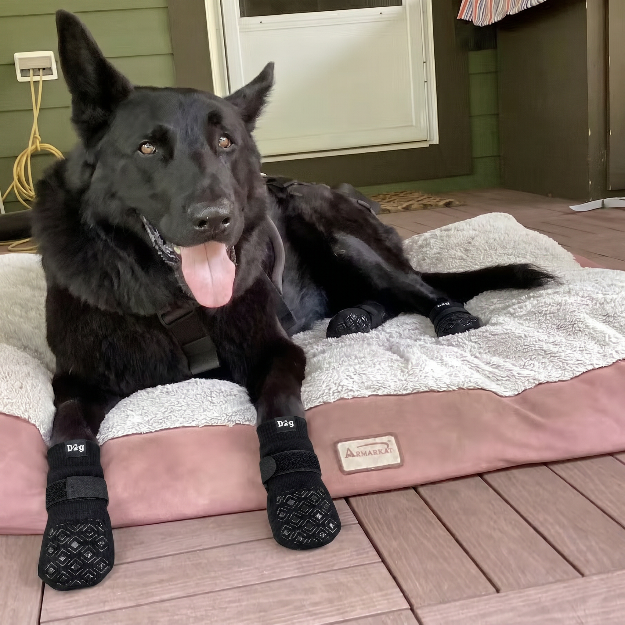 Zwarte herder liggend op hondenmand buiten met Dog Socky antislip gripsokken — pootbescherming