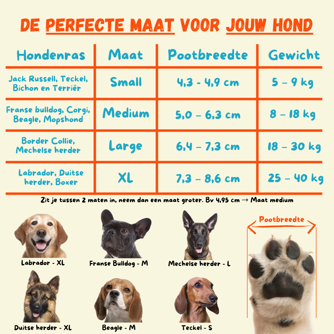 Dog Socky maattabel hondensokken — maat XS S M L XL op basis van pootbreedte hondenrassen