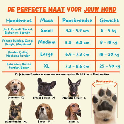 Dog Socky maattabel hondensokken — maat XS S M L XL op basis van pootbreedte hondenrassen