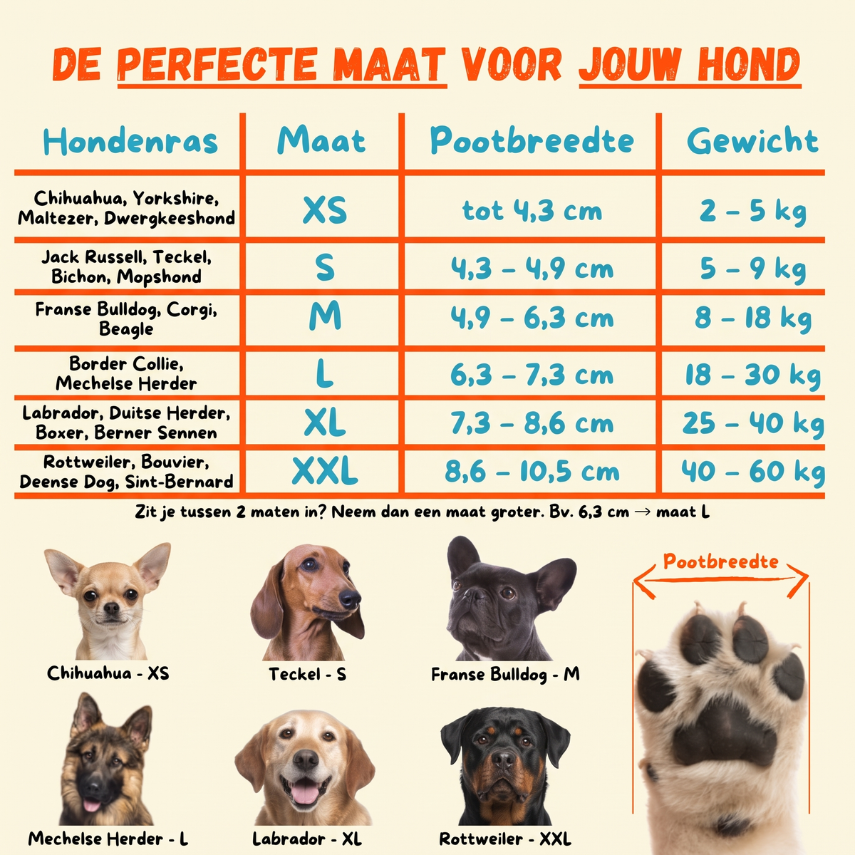 Maattabel Dog Socky antislip hondensokken: maat XS tot XXL op basis van pootbreedte, gewicht en hondenras