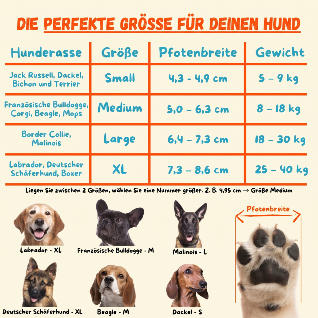 Größentabelle Dog Socky Hundesocken — die richtige Größe nach Pfotenbreite und Hunderasse