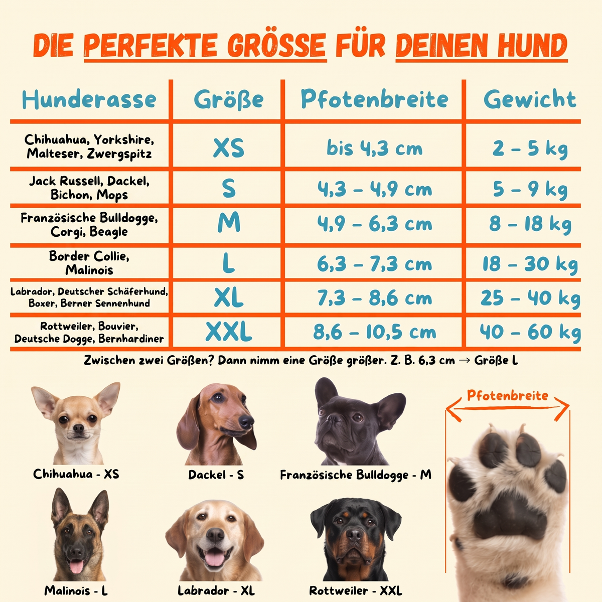 Größentabelle Dog Socky Anti-Rutsch-Hundesocken: Größe XS bis XXL nach Pfotenbreite, Gewicht und Hunderasse