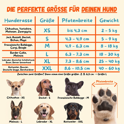 Größentabelle Dog Socky Anti-Rutsch-Hundesocken: Größe XS bis XXL nach Pfotenbreite, Gewicht und Hunderasse