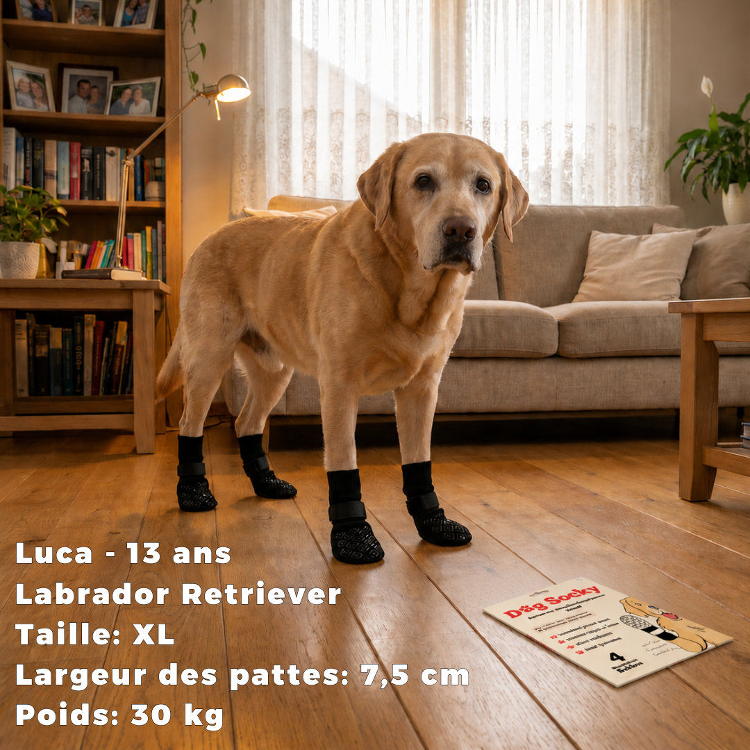 Luca, Labrador Retriever de 13 ans portant des chaussettes antidérapantes Dog Socky taille XL sur parquet