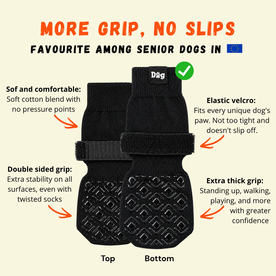 Non-slip dog socks with double-sided silicone grip and elastic velcro strap — top and bottom view