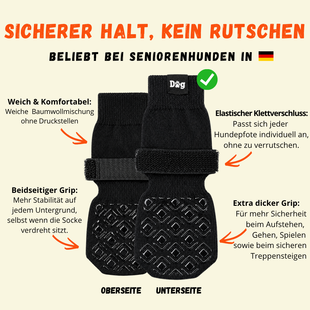 Rutschfeste Hundesocken mit beidseitigem Silikon-Grip und elastischem Klettverschluss — Ober- und Unterseite