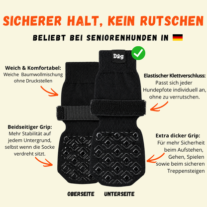 Rutschfeste Hundesocken mit beidseitigem Silikon-Grip und elastischem Klettverschluss — Ober- und Unterseite